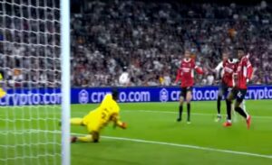 Real Madrid vs AC Milan, Mbappe's shot blocked.